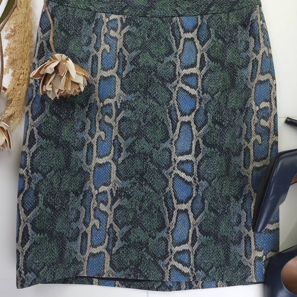 Loft Blue Green Snakeskin Print Cotton Skirt Sz 2 - Picture 5 of 8